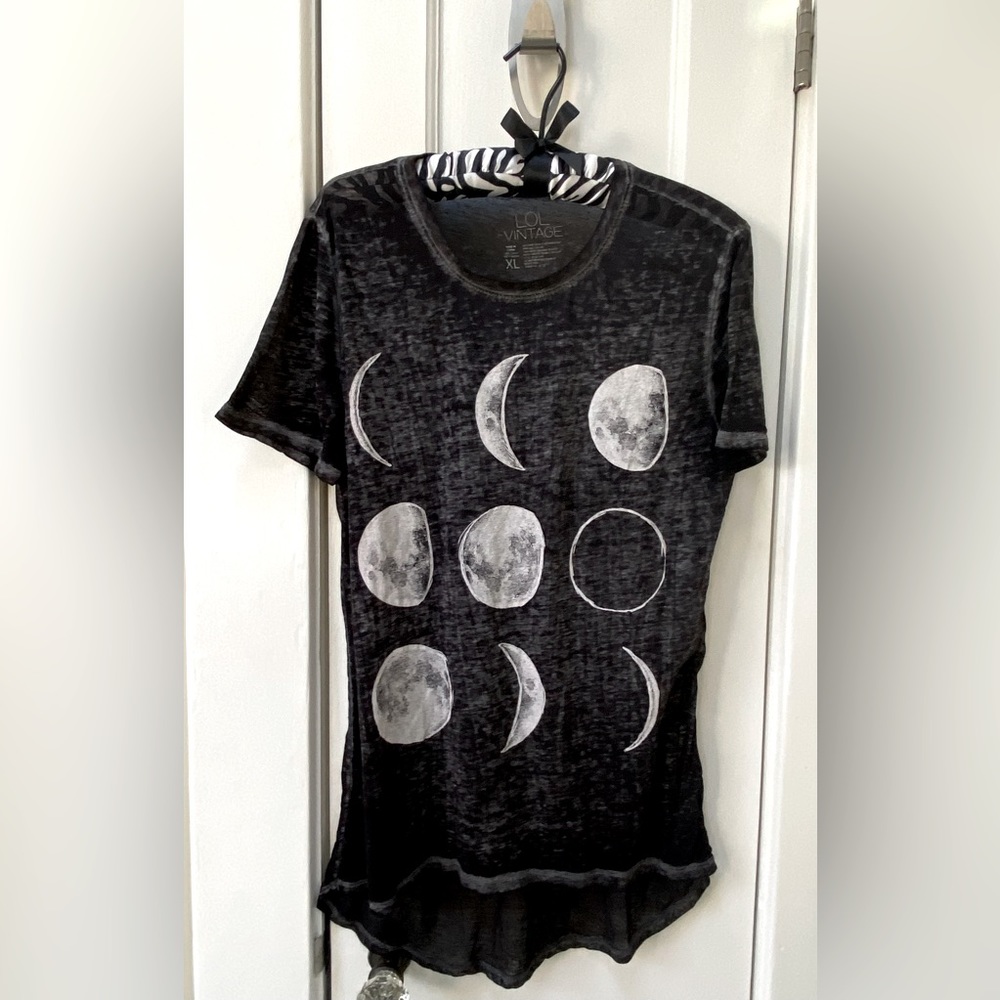 LOL Vintage Women Top XL Gray T-Shirt Burnout Graphic Moon Phases Crew Neck Tee